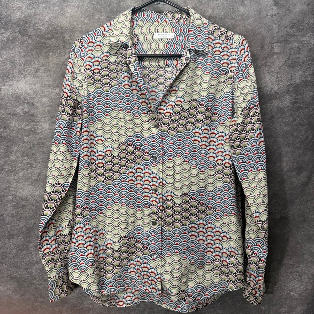 Equipment Femme Adalyn 100% Silk Fan Print Button Up Blouse Asian Blue Green